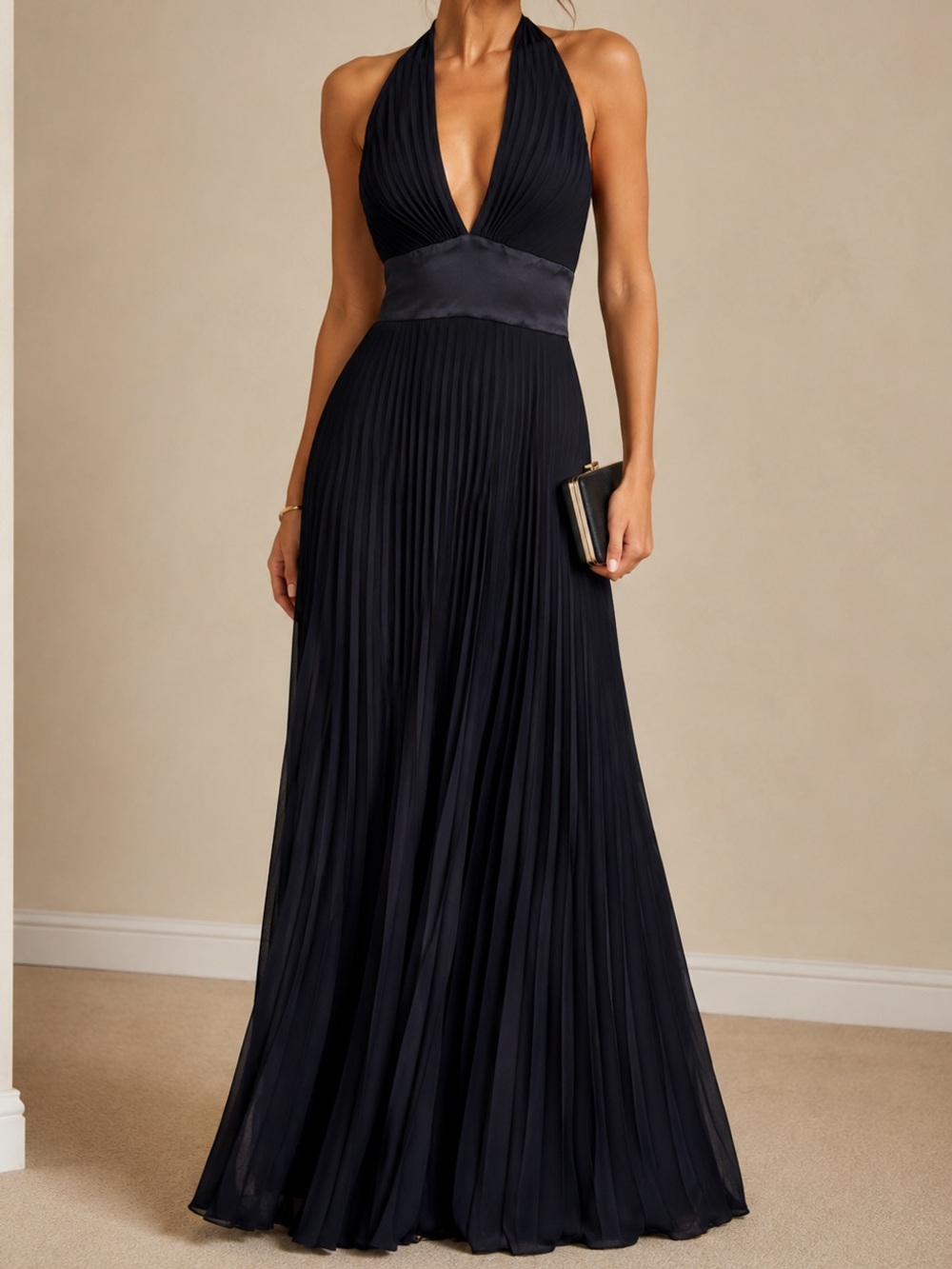 Betsey & Adam black pleated Haulter gown